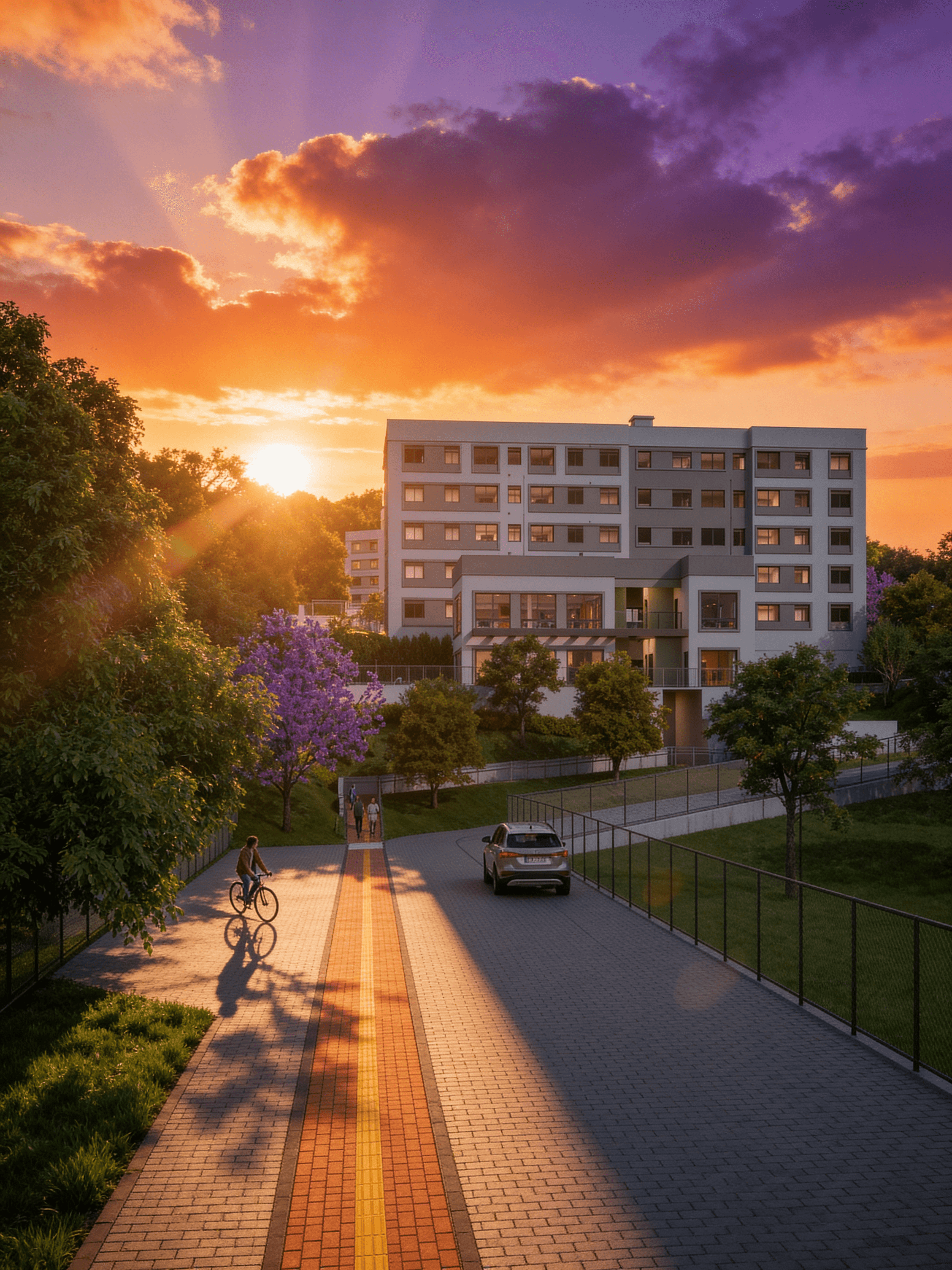 Sublime Clube Residencial — fachada ao pôr do sol