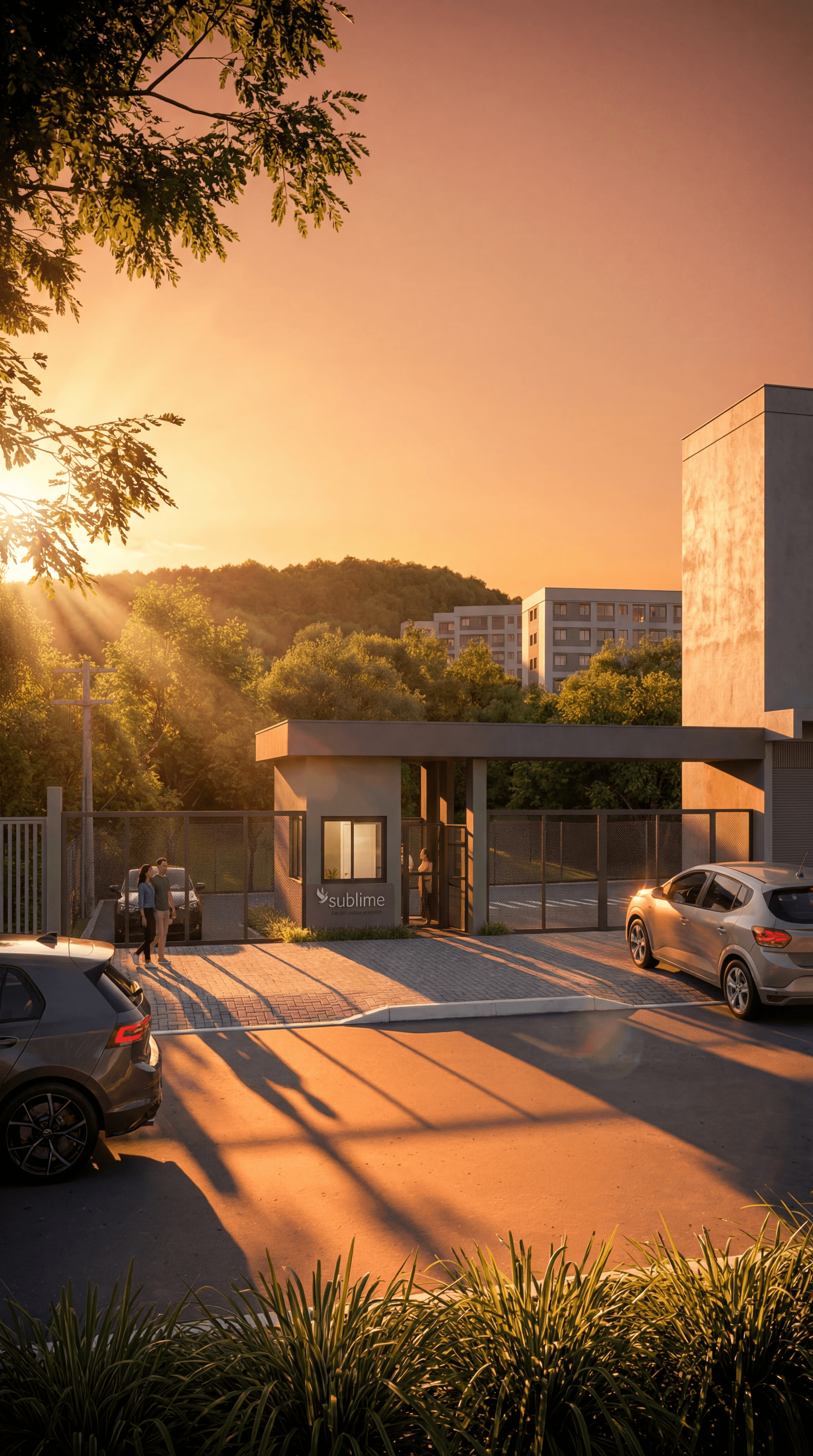 Acesso ao empreendimento ao entardecer